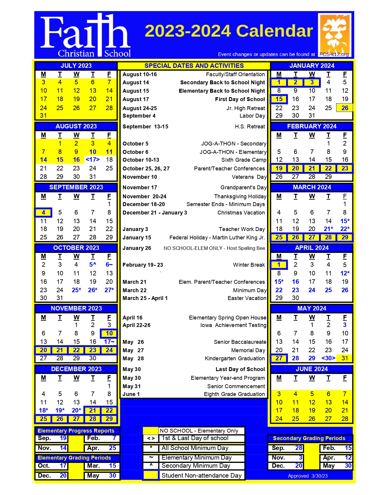 Calendar Faith Christian School, Inc.